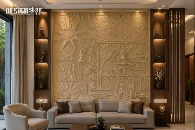 Handcrafted statement mural installation for a corporate office interior in Hyderabad